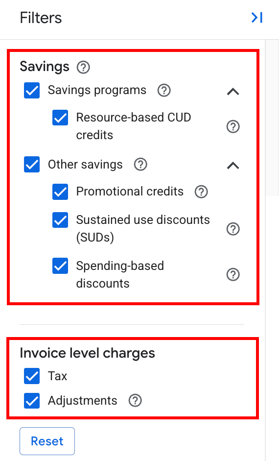Setting the credits and invoice-level charges filters in the filters panel.