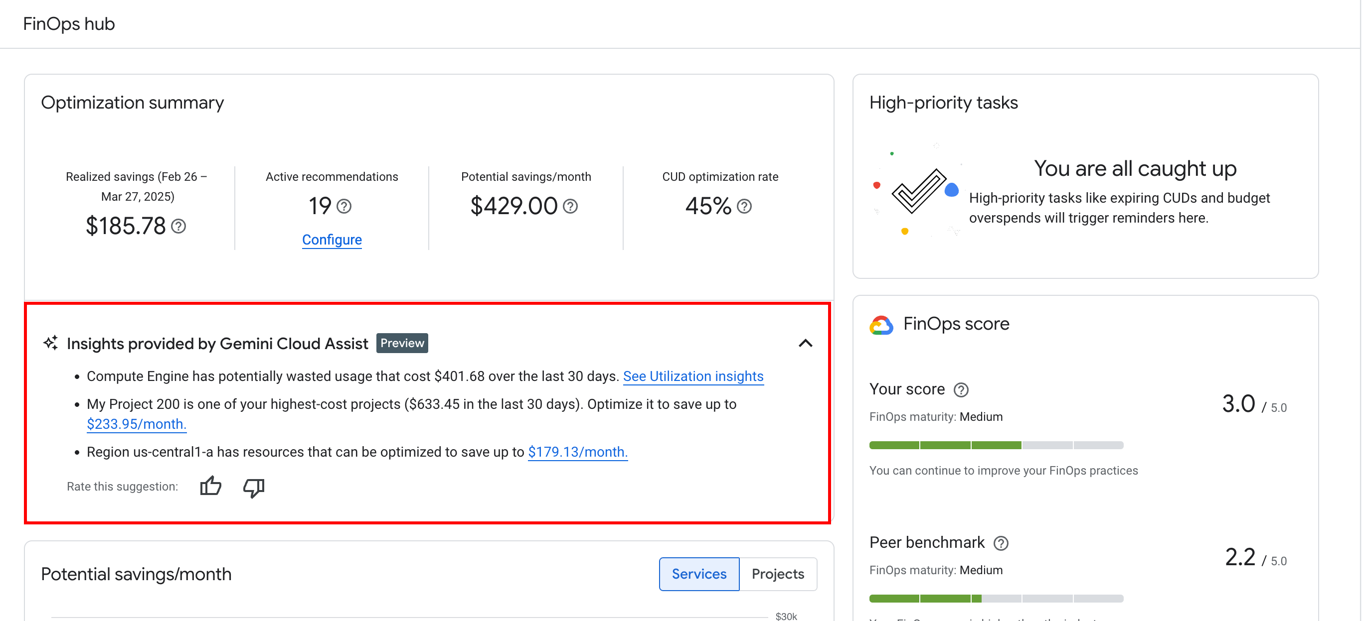 Le funzionalità di Gemini Cloud Assist in fatturazione Cloud sono abilitate per l'utilizzo nell'hub FinOps.