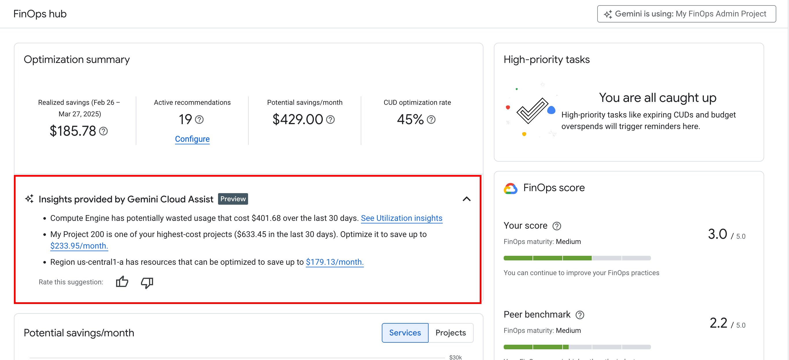 Le funzionalità di Gemini Cloud Assist in fatturazione Cloud sono abilitate per l'utilizzo nell'hub FinOps.