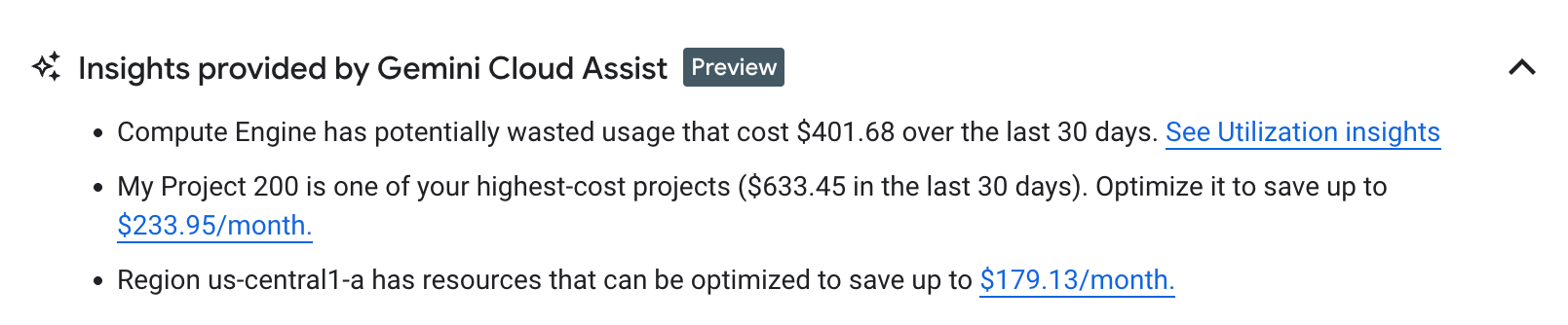 Example of the Finops hub insights provided by Gemini Cloud Assist.