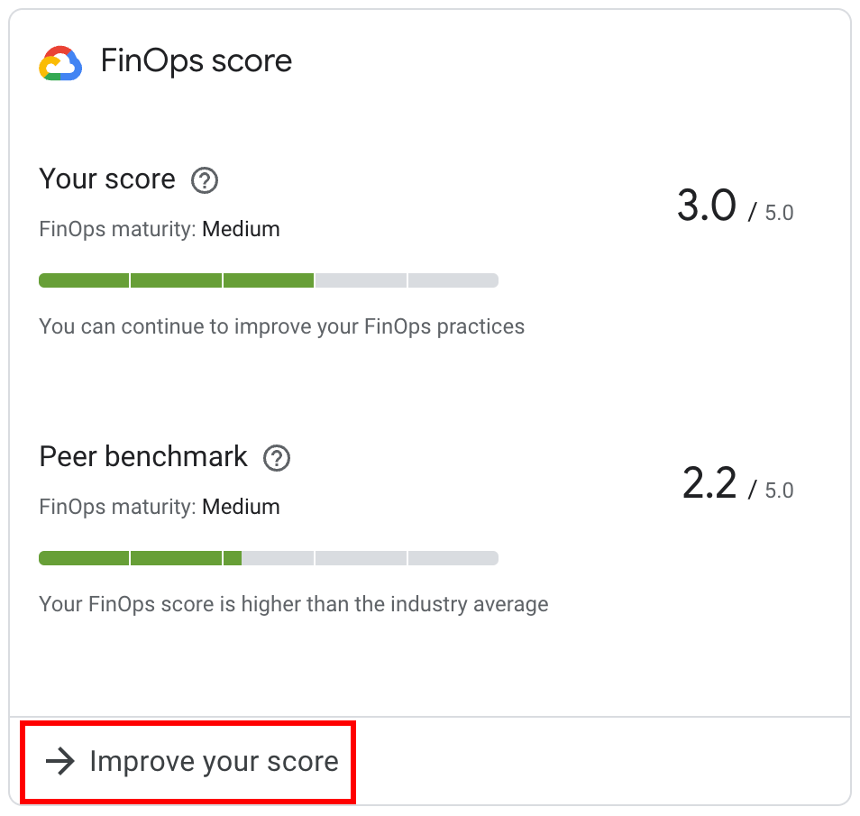 Exemplo do widget de pontuação do FinOps.