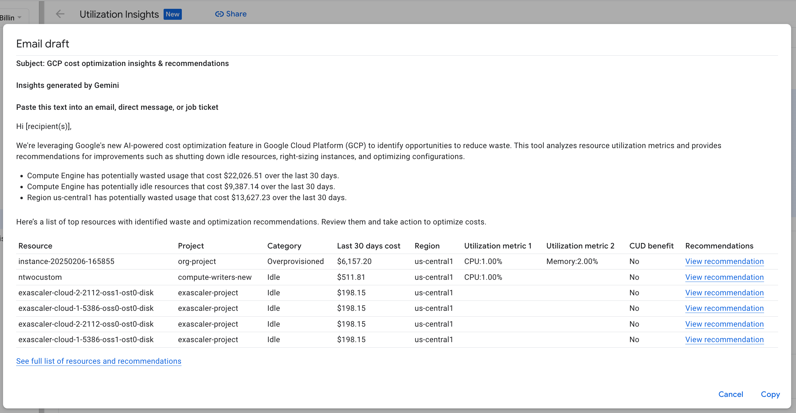 Example of an email draft generated by Gemini, with
 utilization insights, identified waste, and optimization recommendations.
