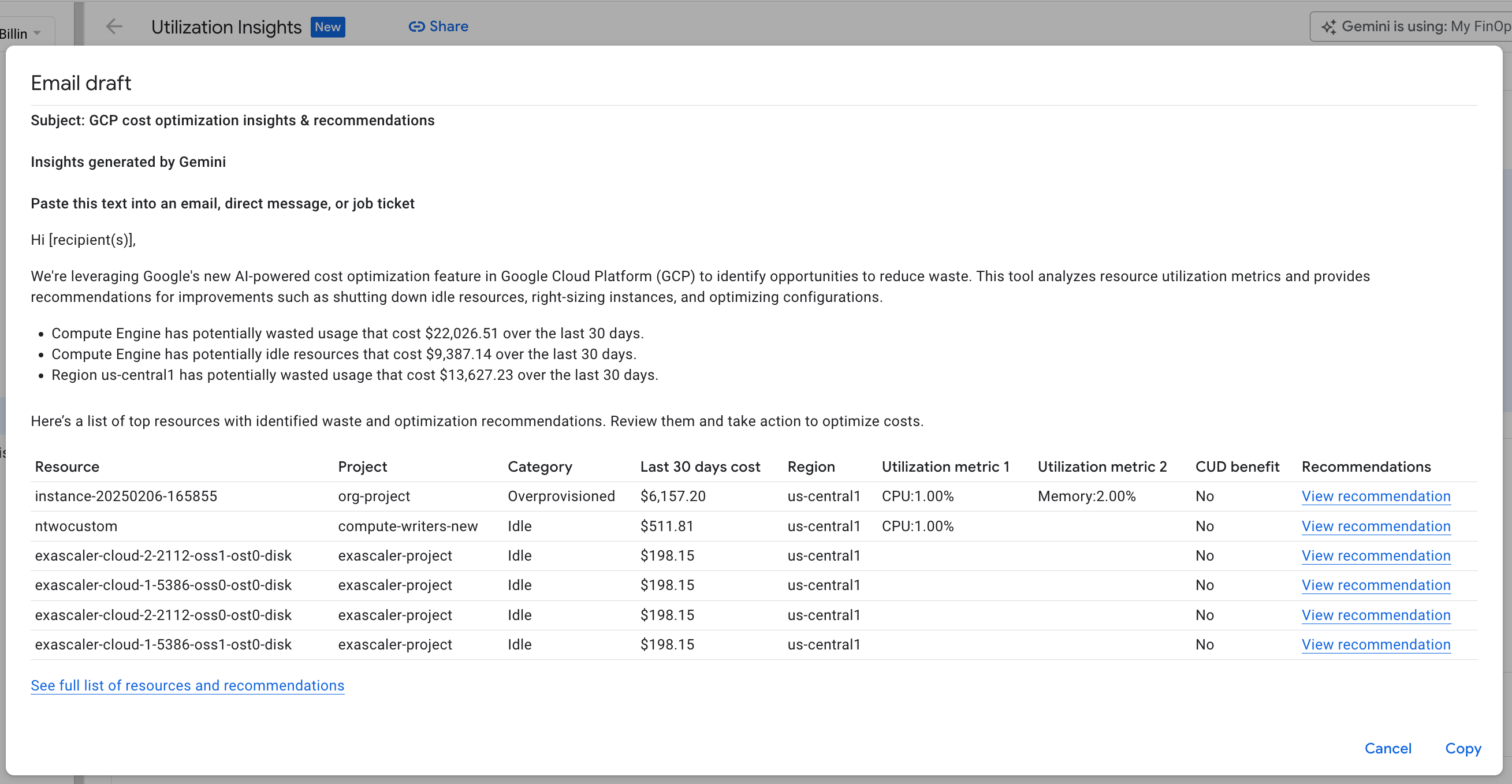 Example of an email draft generated by Gemini, with
 utilization insights, identified waste, and optimization recommendations.