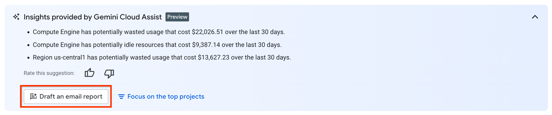 Example of the Finops utilization insights provided by
 Gemini Cloud Assist.