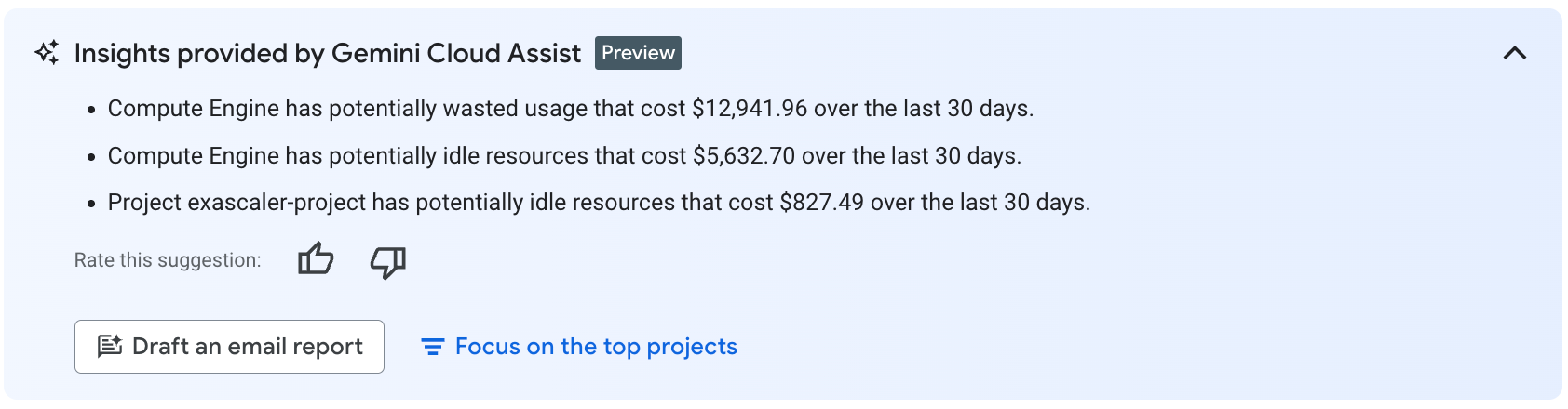Contoh insight pemanfaatan FinOps yang disediakan oleh
 Gemini Cloud Assist.