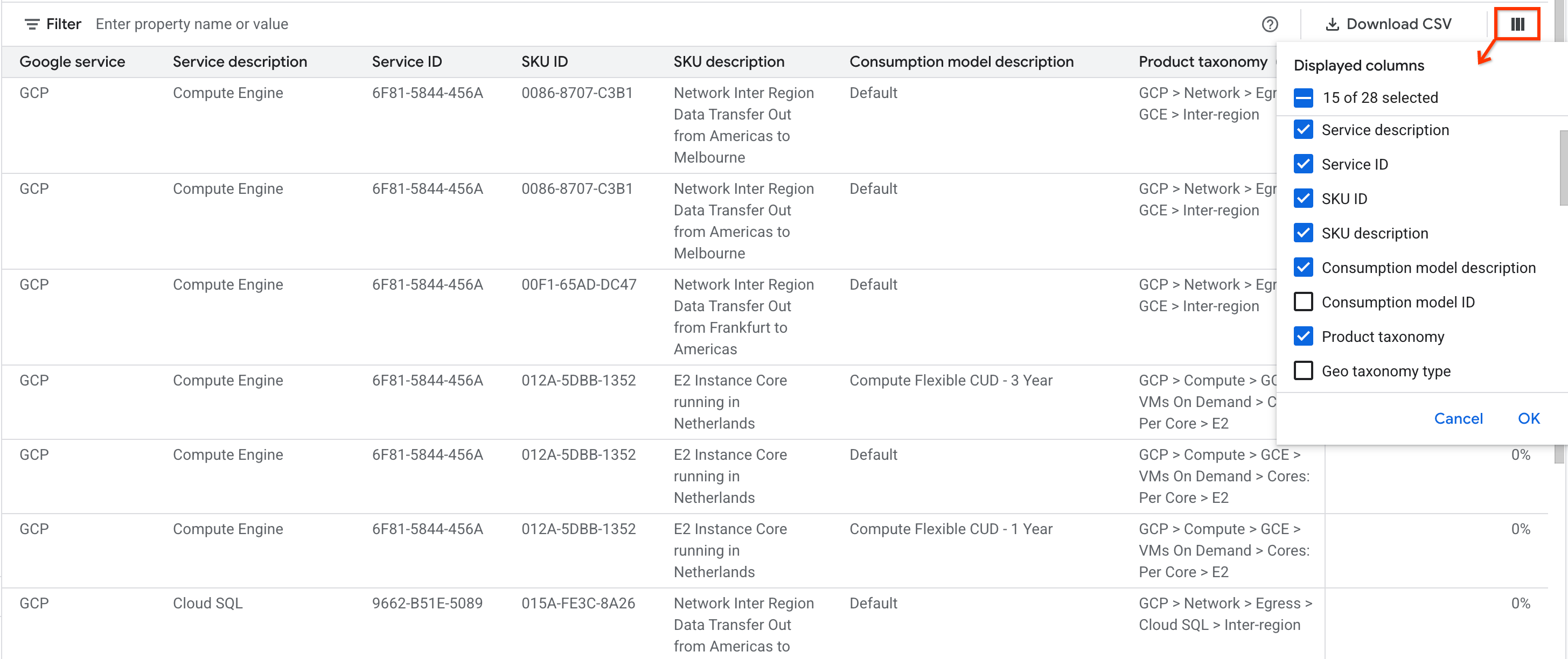 Configuring the columns to diplay in the pricing table for a billing account with a negotiated pricing contract.