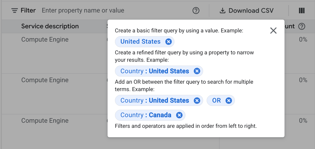 Using filters in the pricing table.