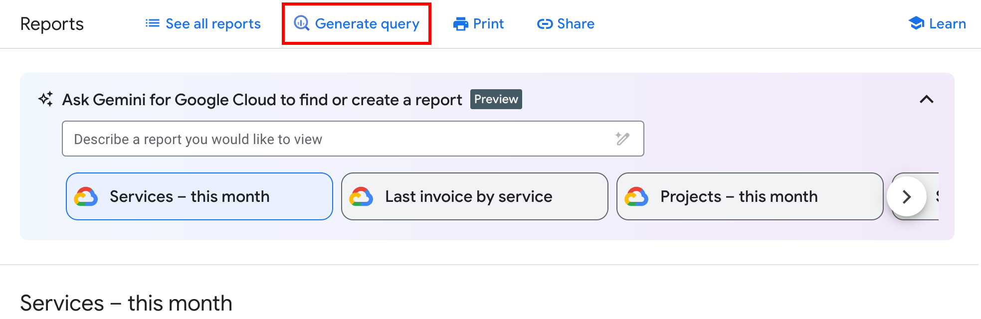 [クエリを生成] ボタンが表示された [Cloud Billing レポート] ページ