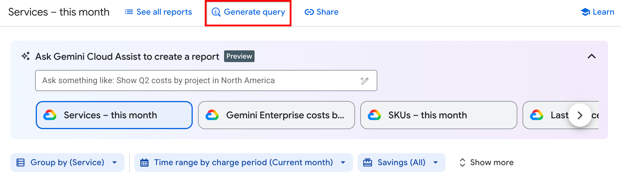[クエリを生成] ボタンが表示された [Cloud Billing レポート] ページ