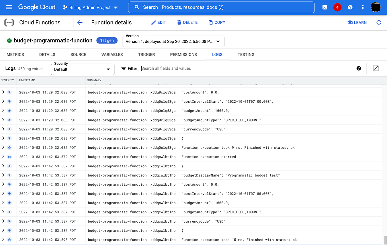 Melihat output topik Pub/Sub di halaman log fungsi Cloud Run.
