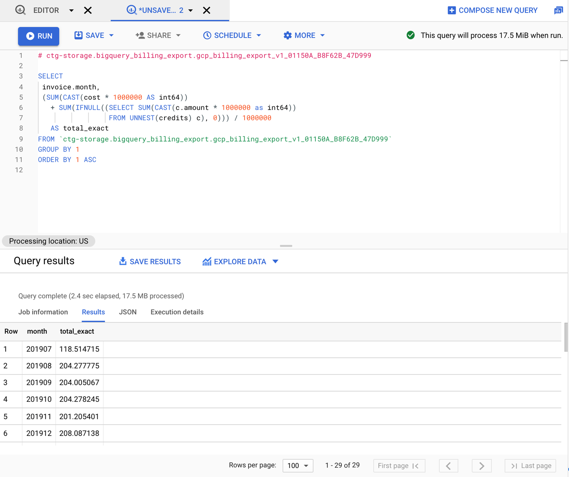 Pagina di esempio della query BigQuery.