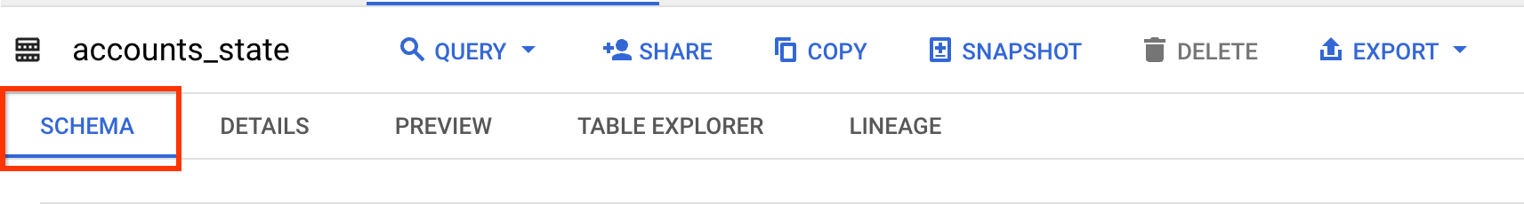 Onglet "Schéma", BigQuery