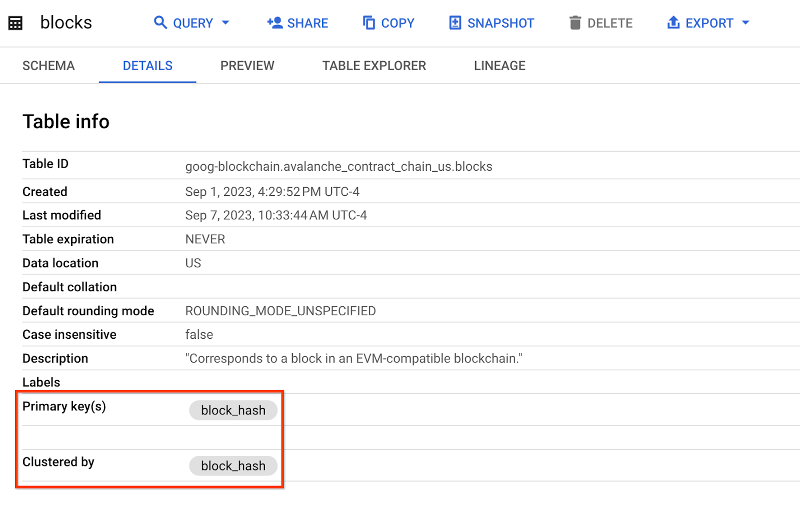 BigQuery 테이블 정보입니다. 이미지를 클릭하여 확대합니다.