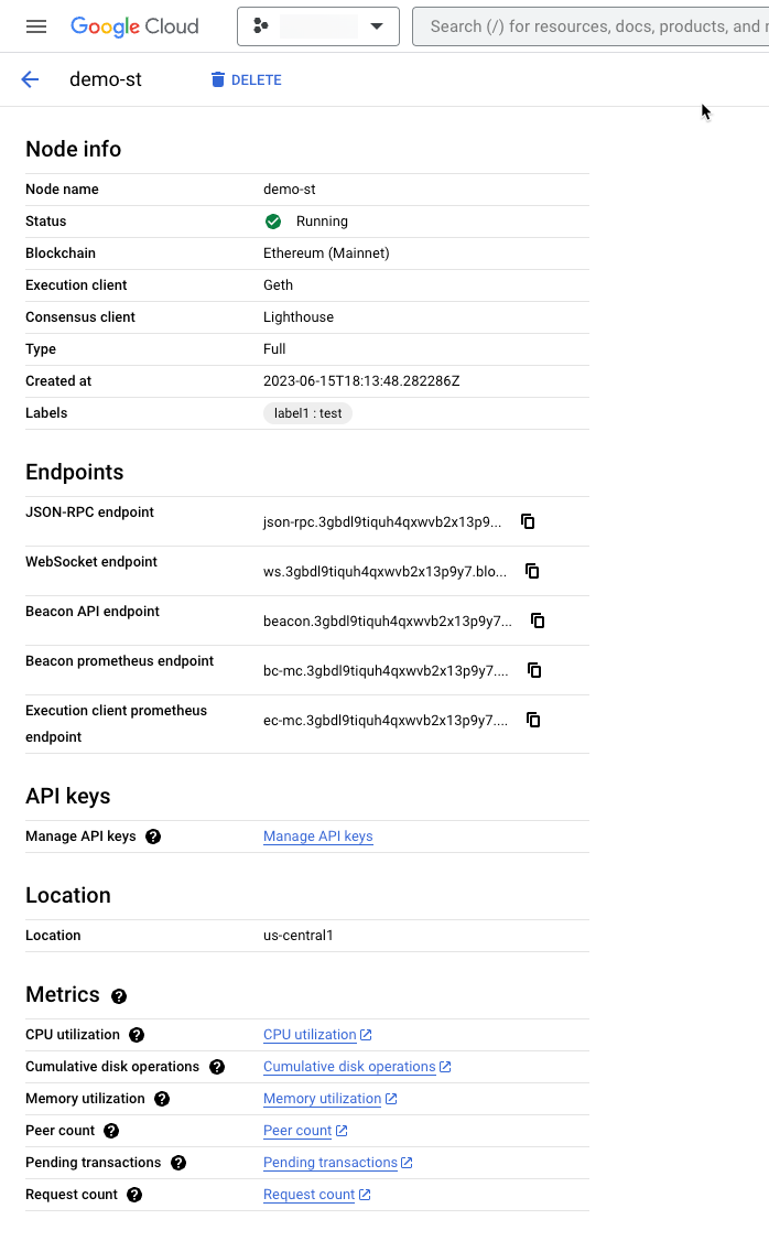 Interface do utilizador de detalhes do nó do Blockchain Node Engine