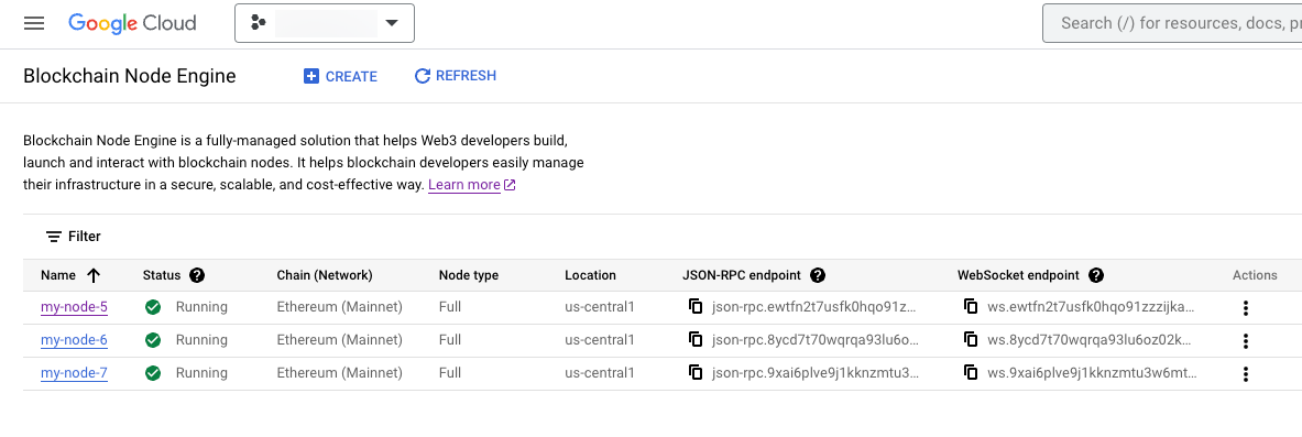 Blockchain Node Engine Nodes list user interface