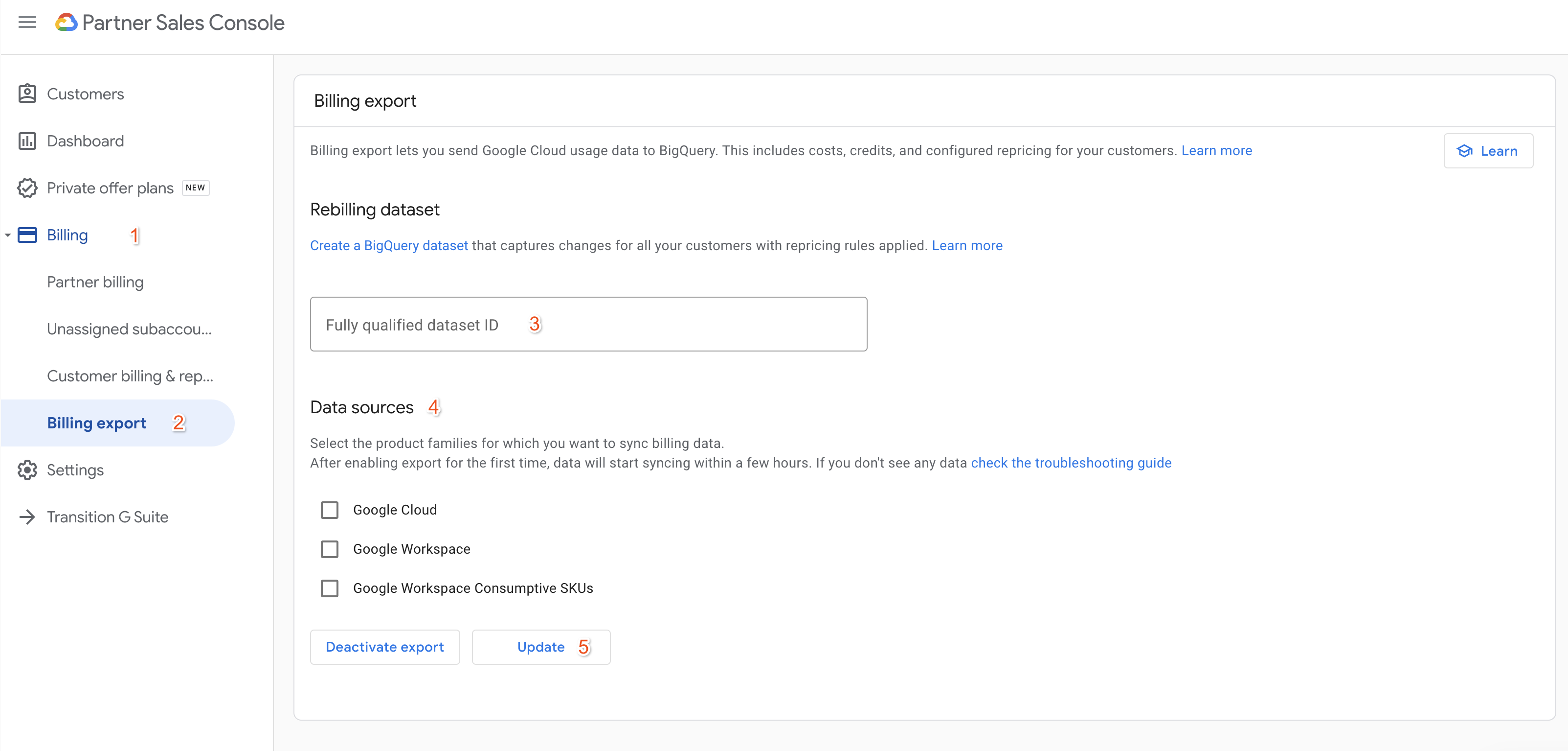 UI permettant d&#39;activer les exportations de la refacturation