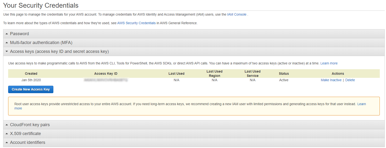 הכרטיסייה AWS Your Security Credentials