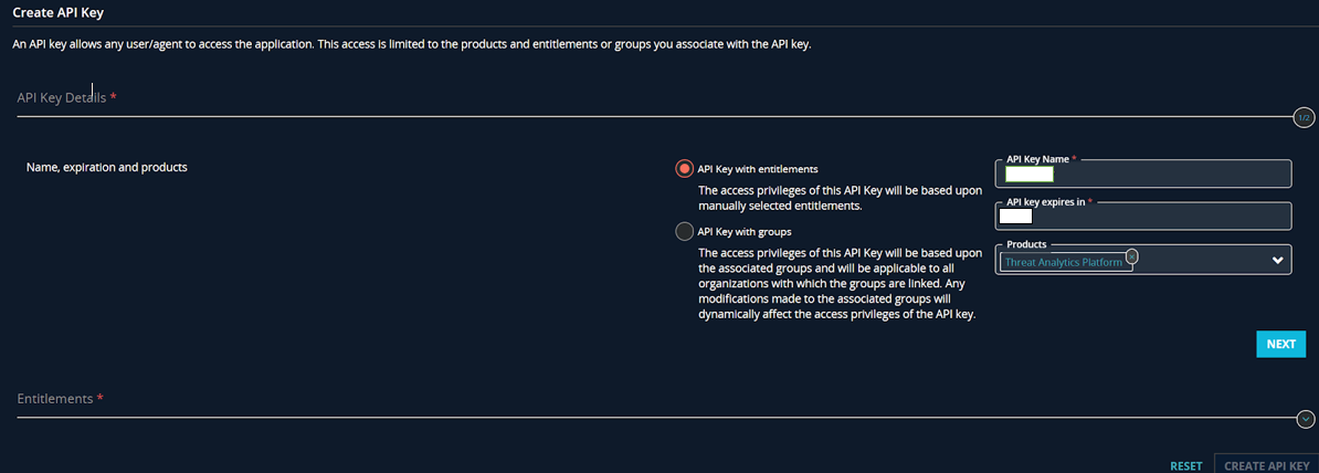 Volet "Créer une clé API"