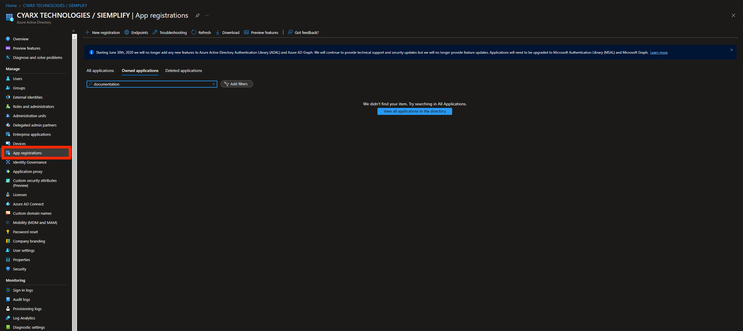 Tab Microsoft Admin Center - Pendaftaran aplikasi