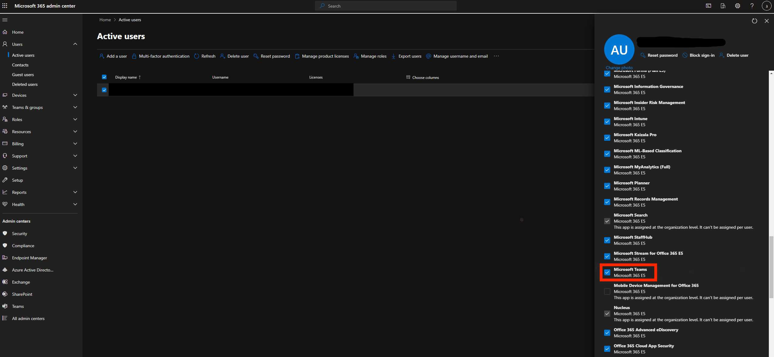 Centro de administração da Microsoft: licenças aplicadas ao utilizador do Microsoft Teams