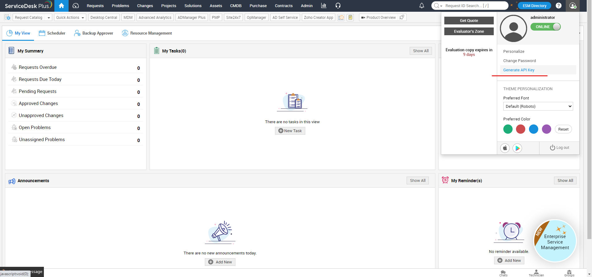 Generare la chiave API nella console ServiceDesk Plus V3