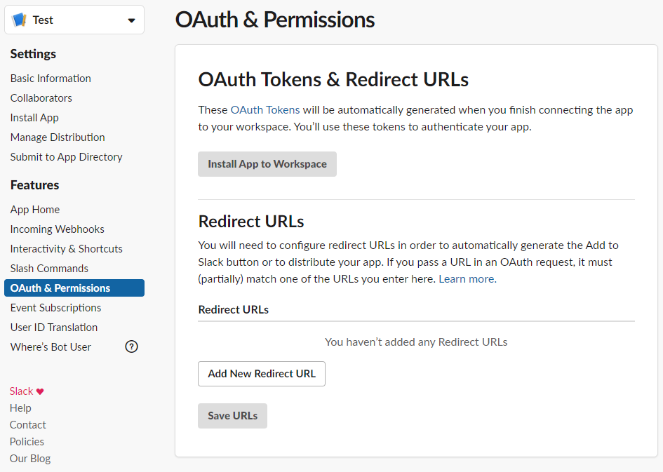 הכרטיסייה OAuth & Permissions (הרשאות ו-OAuth)