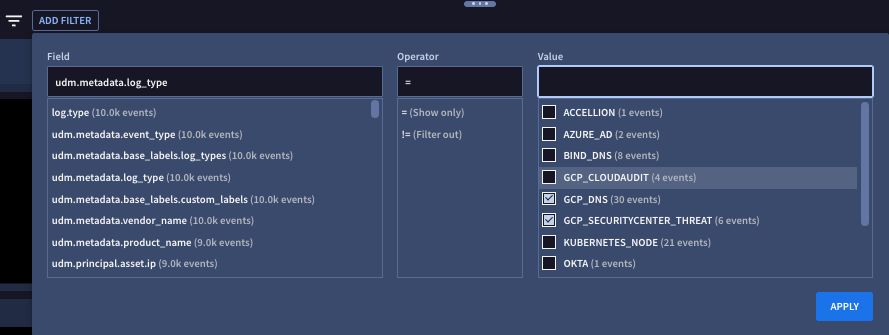 Filter events window