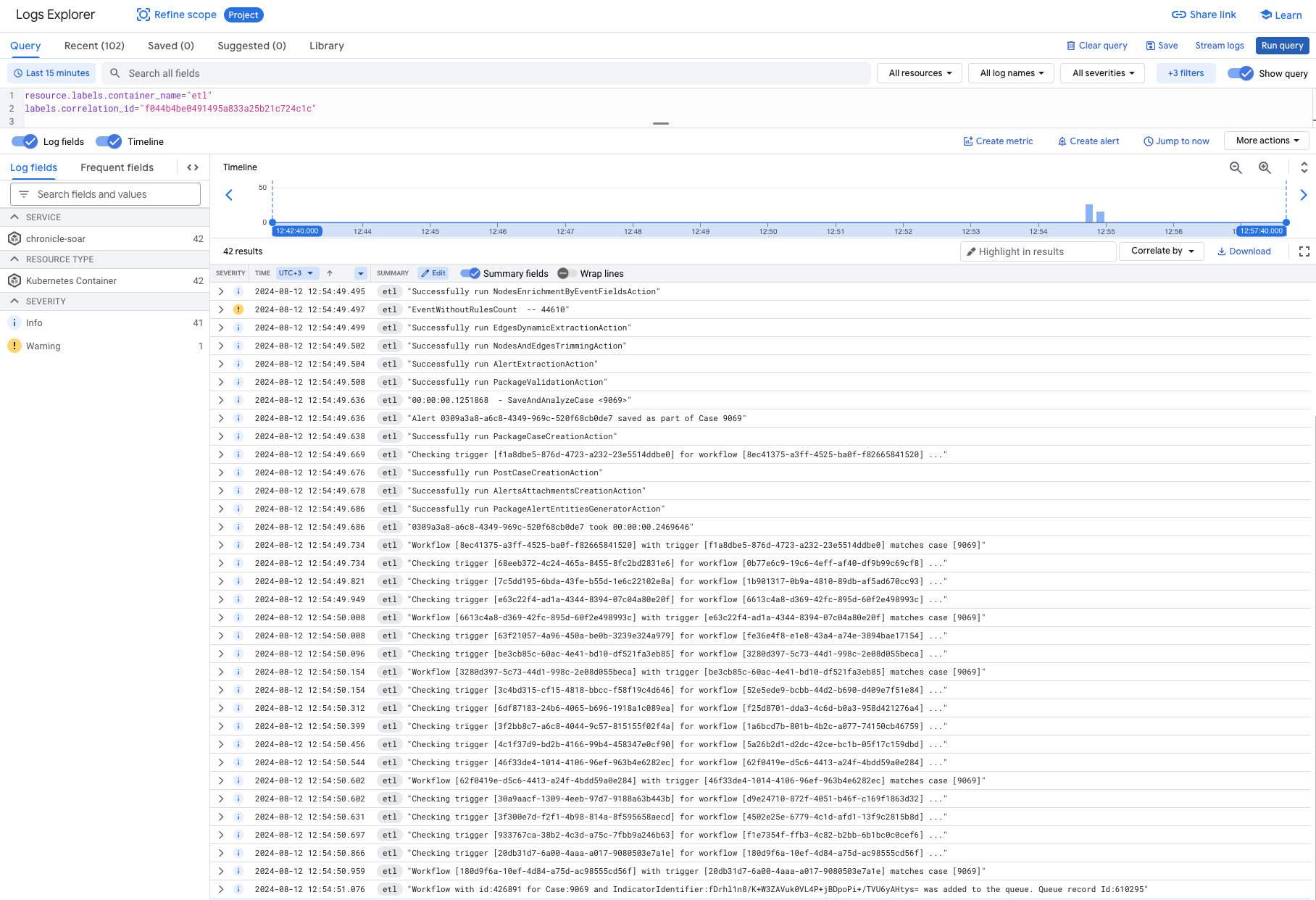 דוגמה למסנן ב-Logs Explorer באמצעות correlation_id ליומני ETL.