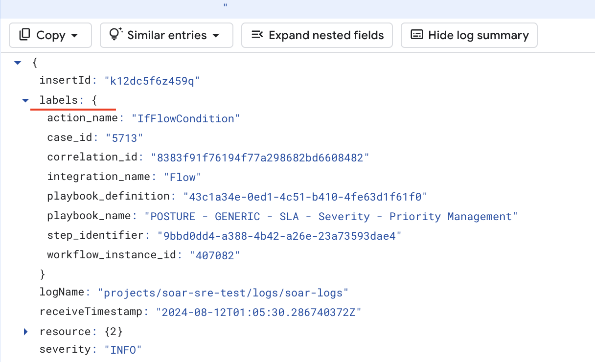 Log labels shown within a log message in Logs Explorer.
