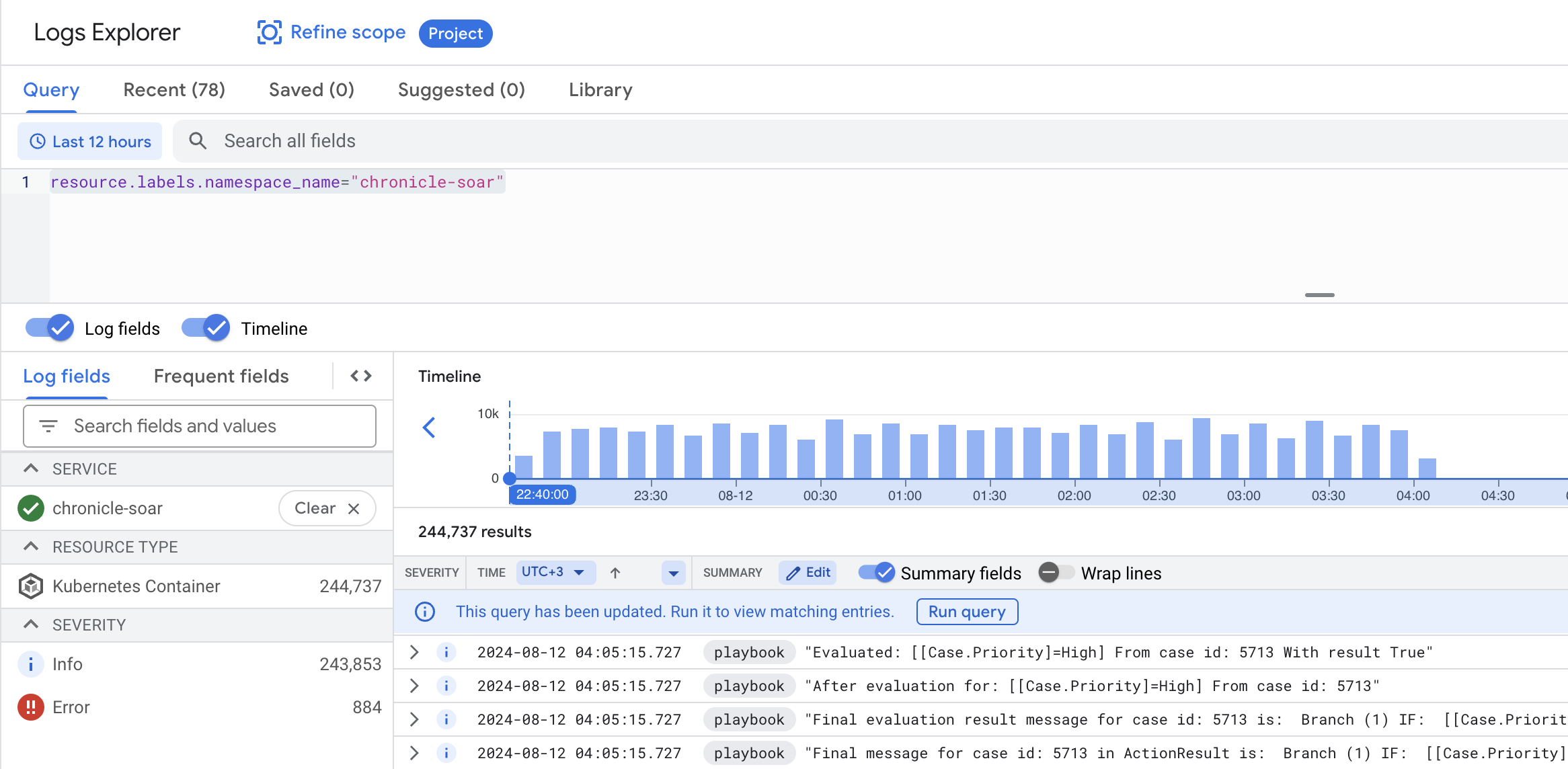 Logs Explorer showing a filter for the chronicle-soar namespace.