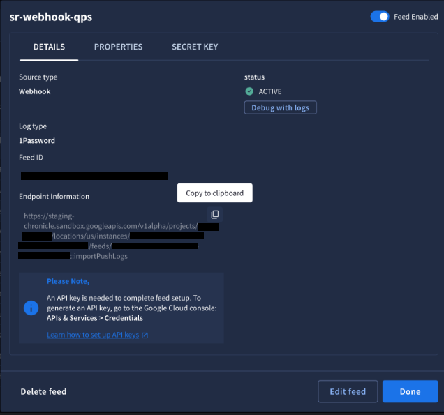 Webhook 動態饋給的「詳細資料」分頁，其中顯示「端點資訊」欄位和「複製到剪貼簿」工具提示。