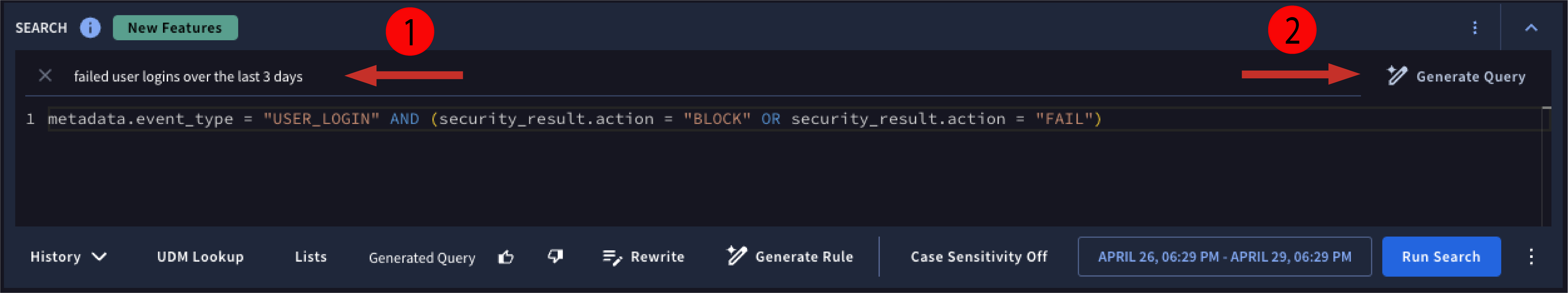 输入自然语言搜索内容，然后点击“生成查询”