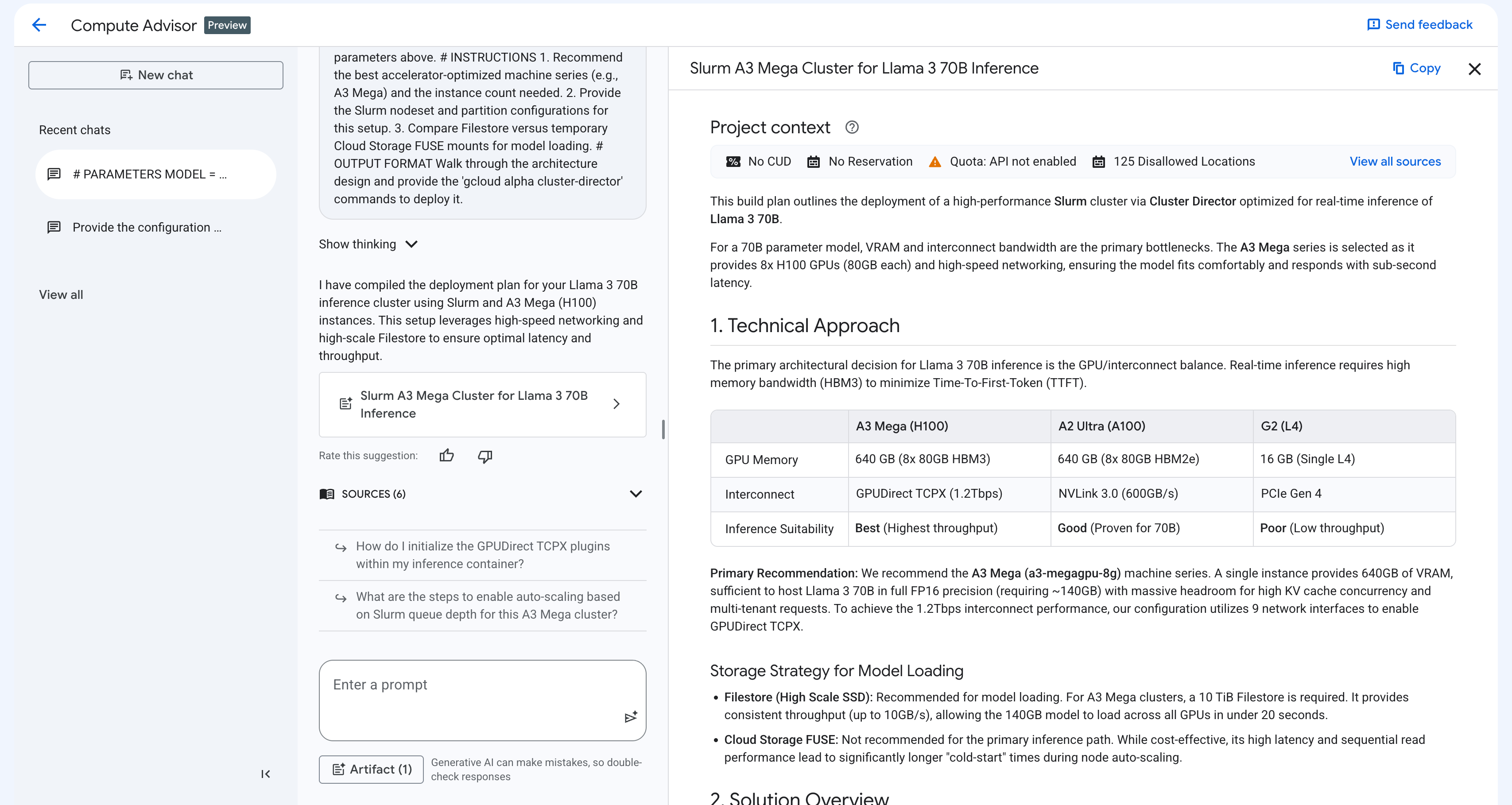 Ein Screenshot der Compute Advisor-Seite, nachdem Sie einen Prompt gesendet haben.