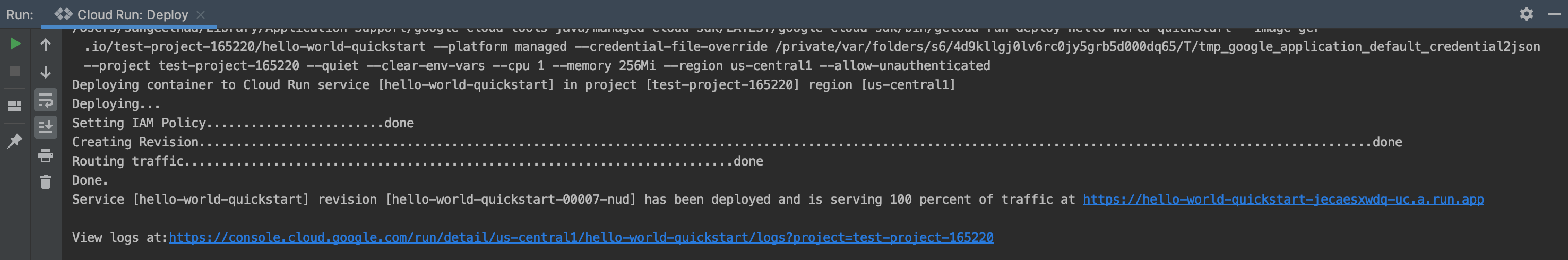 L'URL dei log del servizio nella finestra di output