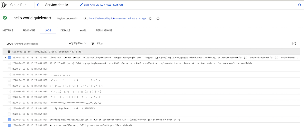  Google Cloud コンソールでのサービスのステータスの表示