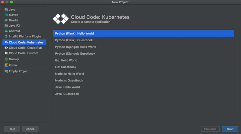 Elenco dei modelli disponibili: applicazioni Python, Go, NodeJS, Java Hello World e guestbook