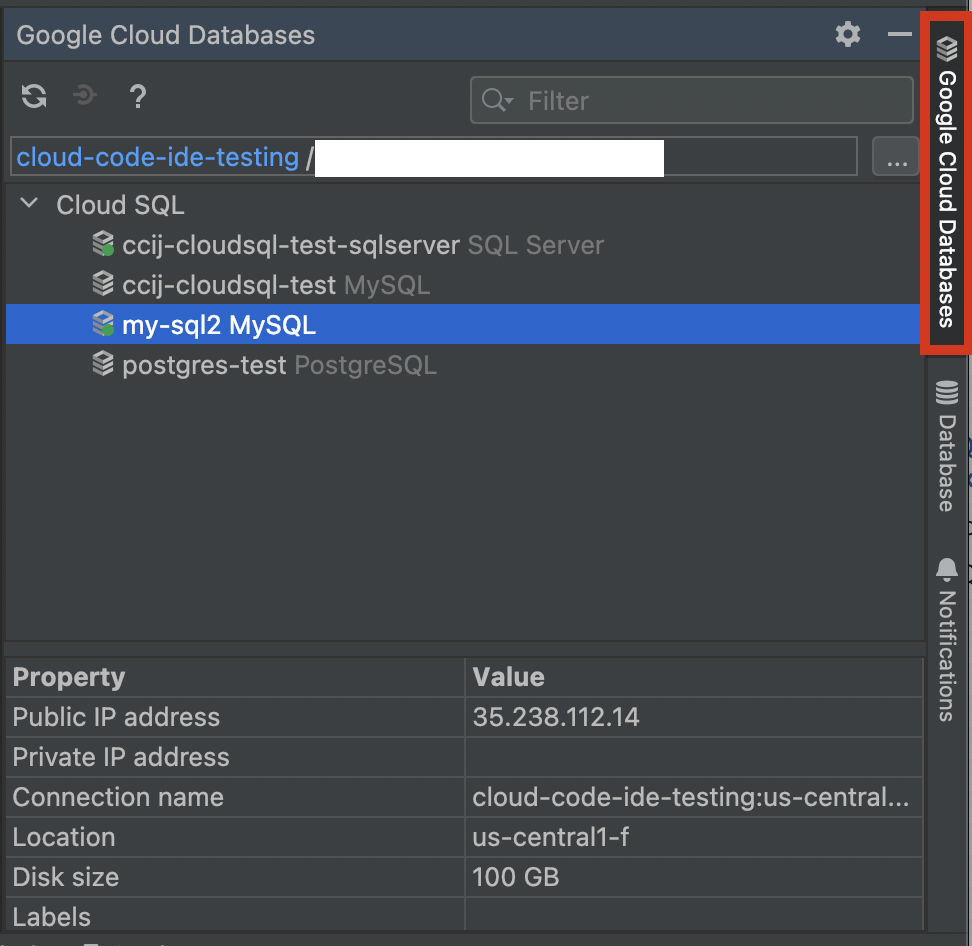 חלון הכלים של Cloud SQL