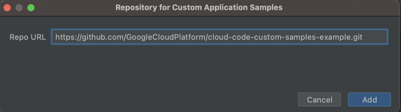 URL Git compilato con l&#39;URL in formato HTTPS: https://github.com/GoogleCloudPlatform/cloud-code-samples.git