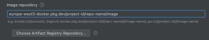 Configurazione Esegui/Debug aperta con i campi di esempio (ID progetto e regione) compilati