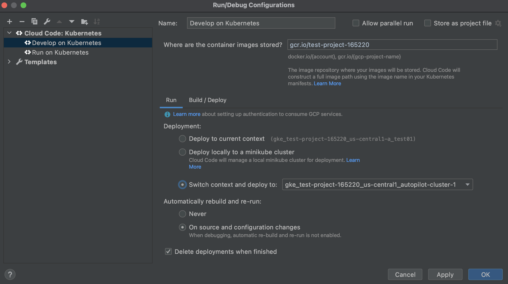 בחירת הקשר של פריסת Kubernetes בהגדרת Kubernetes של Cloud Code