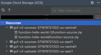 חלון הכלים של Cloud Storage ב-IntelliJ