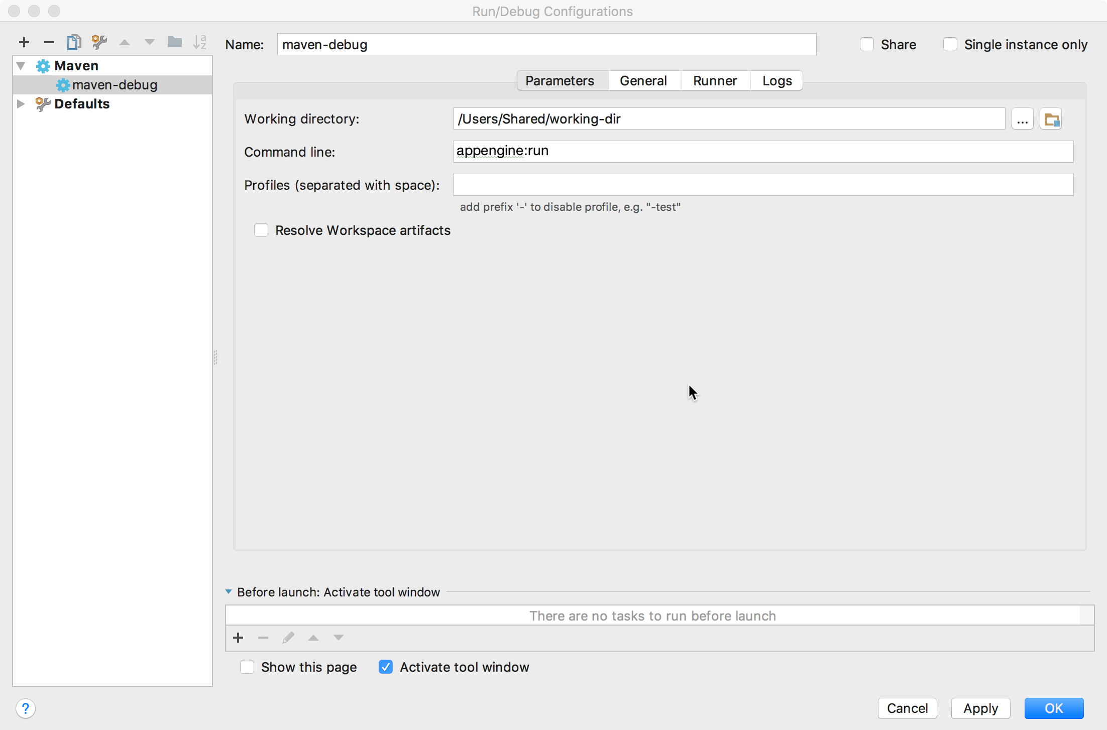 Screenshot che mostra la finestra di dialogo Run/Debug Configurations (Configurazioni di esecuzione/debug).
