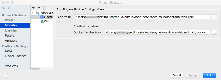 Dialog yang menampilkan bagian konfigurasi fleksibel App Engine di layar buat konfigurasi deployment. Kolom menampilkan
jalur ke file app.yaml. Ada tombol edit untuk memilih file lain. Label menampilkan runtime sebagai kustom. Label menampilkan jalur file Docker. Kolom Nama artefak bertahap menampilkan jalur ke file Docker.