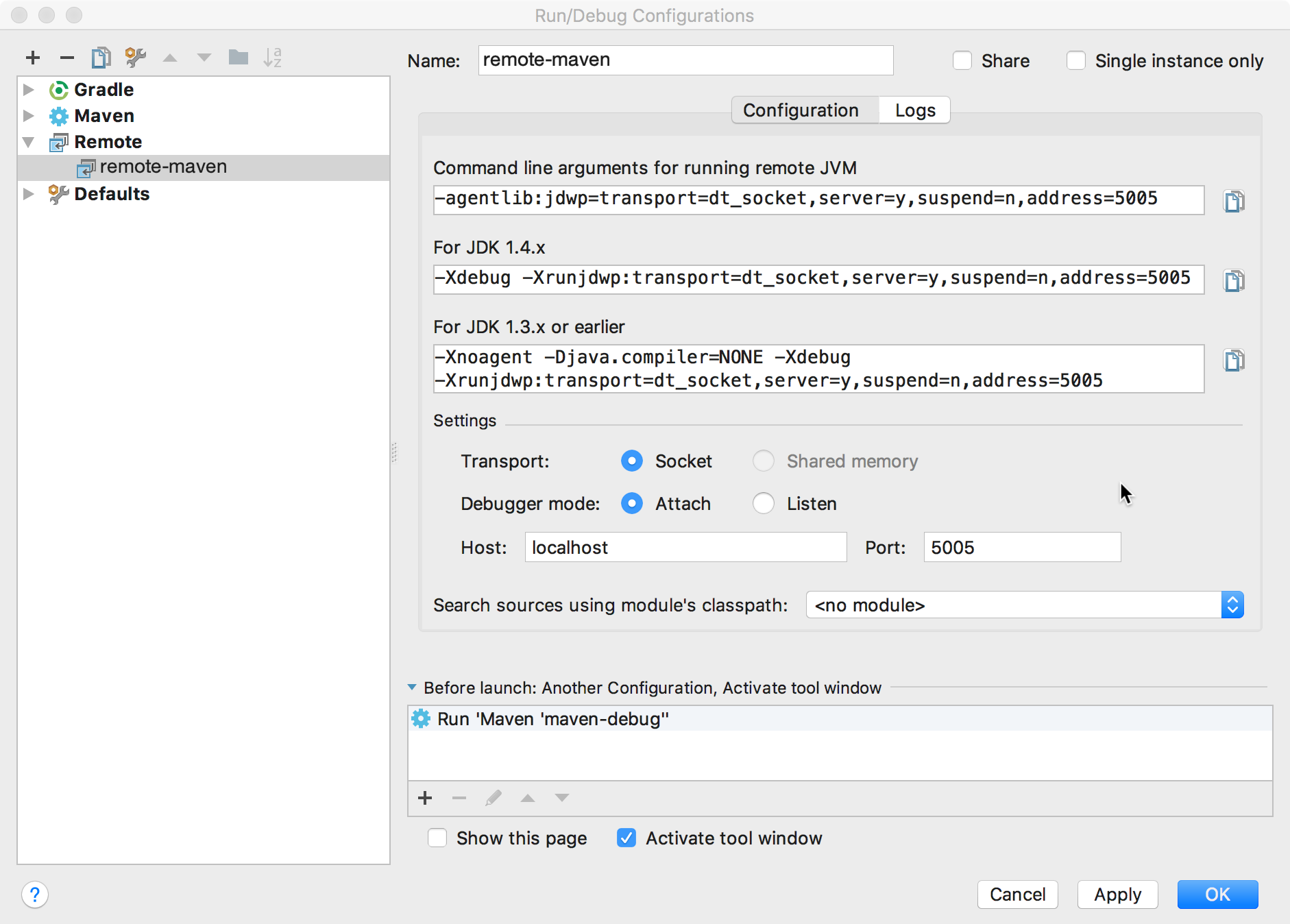 Screenshot che mostra la finestra di dialogo
Configurazioni di esecuzione/debug.