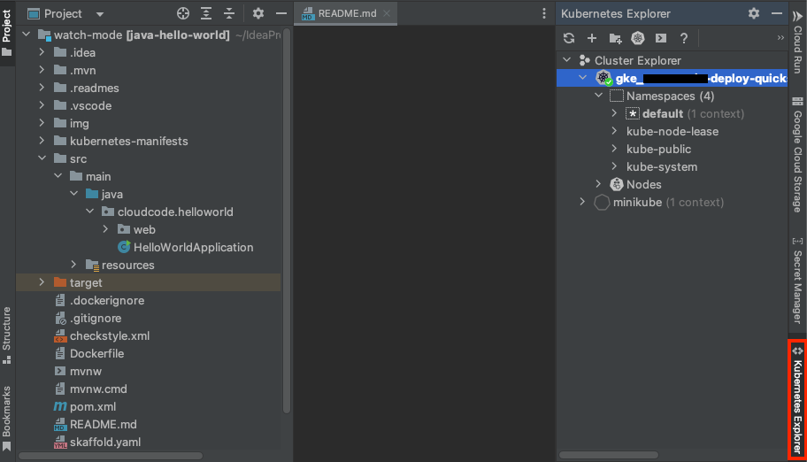 Panel Explorador de Kubernetes abierto mediante la pestaña de la barra de tareas de la derecha