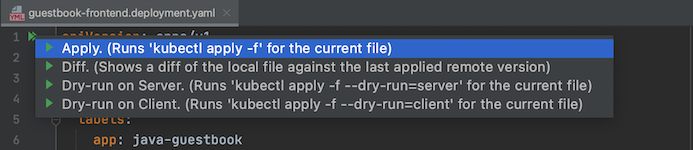 Opción Aplicar resaltada en la lista de acciones de kubectl