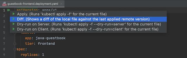 Opção Diff realçada na lista de ações do kubectl