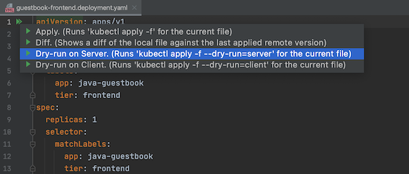 Opção de teste de execução no servidor realçada na lista de ações do kubectl