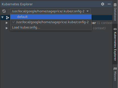 הרחבת התפריט הנפתח kubeconfig.