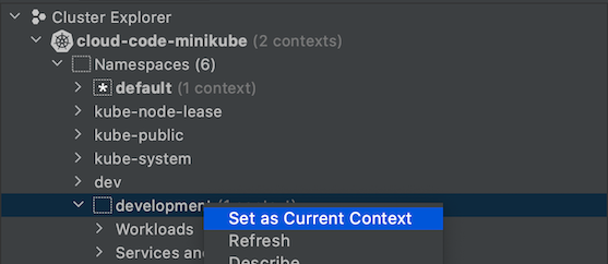 Defina o espaço de nomes como o contexto atual através do menu de contexto